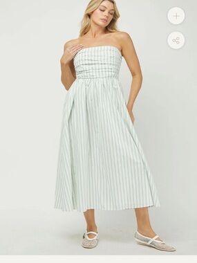 Smocked Strapless Mint & White Stripe Midi Dress